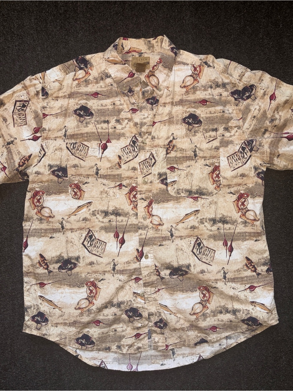 Vtg Ivy Crew Explorer Fly Fishing All Over Novelty Print Button Shirt XL Cotton